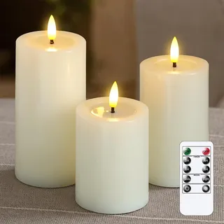 Yeelida Flammenlose LED-Kerzen mit Wachsöl-Effekt, flackernde Fernbedienung 3er Pack Elfenbein Säule Batteriebetriebener Timer Elektrische Kerzen aus echtem Wachs (7.5x10,12.5,15cm)