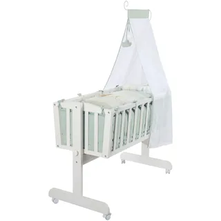 roba Babywiege Woodland Buddies 40 x 90 cm inkl. Zubehör - Stubenwagen & Wiege - Set mit Rollen, textiler Ausstattung + Matratze - Holz weiß lackiert