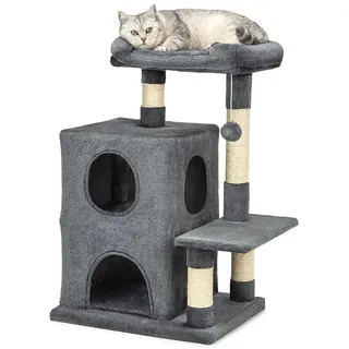 lionto Kratzbaum für Katzen mit 2 Höhlen & gemütlicher Liegefläche, Höhe 80 cm, Katzenbaum mit Plüschball inkl. Glöckchen, mit Sisalseil & Plüsch, für kleine & große Katzen geeignet, dunkelgrau