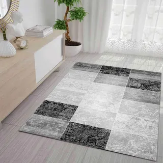 VIMODA Teppich Kurzflor Modern Kariert Marmor Muster Meliert in Grau Schwarz Weiss für Wohnzimmer, Schlafzimmer, kinderzimmer, Maße:80 x 300 cm
