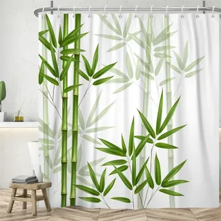 Uiiooazy Duschvorhang 180x220cm, Duschvorhang Anti Schimmel Bambus Grüne Blätter Abstrakt Zen Waldmotiv Duschvorhänge Stoff Waschbar Wasserdicht Polyester Bad Vorhang mit 12 Haken für Badezimmer