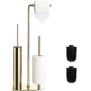 Toilettenpapierhalter mit WC Bürste und Aufbewahrung, freistehender klopapierhalter für Badezimmer und Gästetoiletten, schwarzer Wc garnitur aus Edelstahl rostfrei und ohne Bohren (Gold)