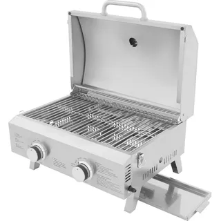 Gasgrill aus Edelstahl - Tischgrill - 2 Brenner - Piezozündung - Nur Flüssiggas (LPG) - Tragbar für Camping - Gebürstet 430/304 - Hellgrau