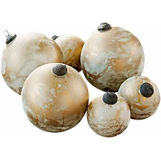 Loberon Weihnachtskugel 6er Set Nymeria, Creme/Gold | Weihnachten, Winter, Festtage, Christbaumkugeln, Handgemacht und mundgeblasen, Mattes Weiß-Gold-Marmor-Finish
