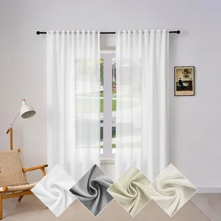 WOLTU Gardine, Schiebegardine für Wohnzimmer Schlafzimmer, mit Kräuselband, Leinenoptik, Halbtransparent Voile modern, 135 x 175 cm, Weiß