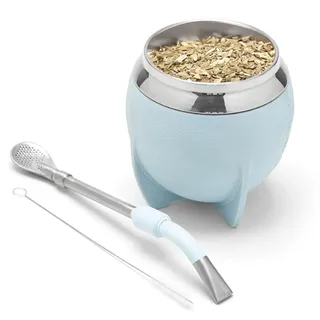 balibetov Yerba Mate Becher und Bombilla Set, inklusive Edelstahl Yerba Mate Kürbis, Premium Bombilla Mate und Reinigungsbürste (Hellblau)