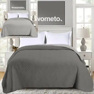 wometo Tagesdecke 170x210 Oeko-TEX Microfaser grau hellgrau im Wende-Design | Bettüberwurf XL wattiert gesteppt für franz. Bett Sofa Couch Einzelbett