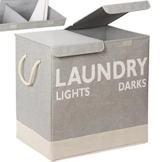 BAKAJI Schmutziger Wäschesammler mit doppeltem platzsparendem Fach, Wäschekorb mit 2 Fächern und Griffen, geruchsdichter Deckel, 60 x 36 x 55 cm