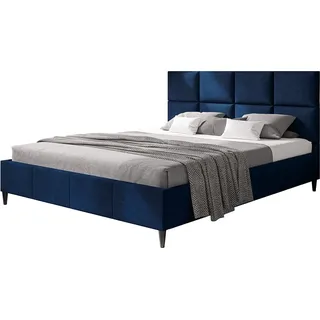 Polsterbett LUX ROMA mit Kopfteil, 140 x 200 cm, Doppelbett mit Lattenrost aus Holz, Velourstoff Dunkelblau, Füße in Farbe: Schwarz - Dunkelblau, Schwarz