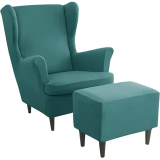 ZGantrix Ohrensessel überzug mit Hocker Bezug, 2 Teilig Sessel-Überwürfe+1 Teilig Ottomane Schonbezug, Beige/Grün/Rosa/Blau Ohrensessel Schonbezüge Sesselhusse Stretch Tiger Stuhlbezug mit Armlehne