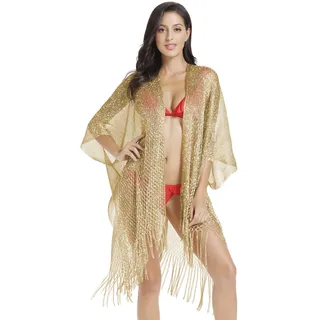 Metallic Sparkly Kimono Cardigan Badeanzug Strand Bikini Cover Ups Open Front Casual Bluse Tops - Gold - Large