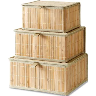 Honygebia Aufbewahrungskorb mit Deckel Geflochten - Bambus Deko Aufbewahrungsboxen, 3er Set Rattan Korb mit Deckel Gewebtem Stoffeinsatz für Badezimmer Küche Regal Organisation (Groß/Mittel/Klein)