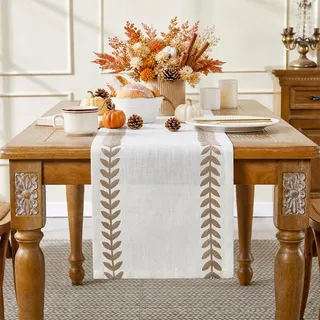 Wracra Tischläufer Taupe Leinen, Tischläufer Modern Abwaschbar | 35 × 230 cm, Tischläufer Herbst Boho, Weidenblätter, Outdoor, Lichtbeständig, Knitterfrei, Hitzebeständig, Dick Robust