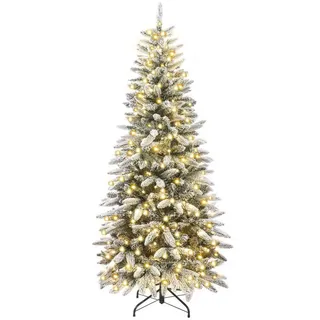 Yorbay Künstlicher Weihnachtsbaum Slim mit Beleuchtung LED Tannenbaum für Weihnachten-Dekoration, Schneebeflockt, Schmal, Weiß, 210cm