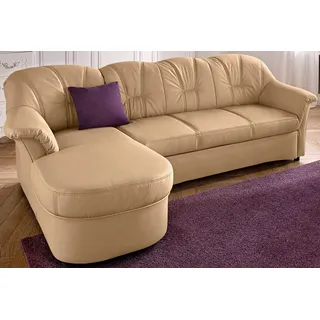Ecksofa DOMO COLLECTION "FLORES Schlafsofa, 233x142x86 cm, L-Form", beige (sand), B:231cm H:84cm T:142cm, Kunstleder SOFTLUX / Struktur ( 90% Polyester, 10% Polyacryl );NaturLEDER (echtes Rindsleder) in Sitz und Rücken. Korpus in passendem Kunstleder SOFTLUX bezogen;Microfaser PRIMABELLE (100% Polyester) / Struktur ( 100% Polyester ), Sofas, Ecksofa, wahlweise mit Bettfunktion, wahlweise mit Federkern, auch in Leder