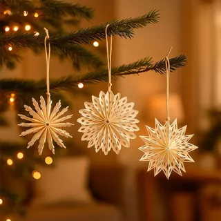 Ideen mit Herz Papier-Sterne und Schneeflocken zum Aufhängen | für Winter- und Weihnachtsdeko | Baumschmuck | Geschenkanhänger | Fensterdekoration | cremeweiß | Ø 10 cm | 12 Stück