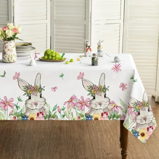 Artoid Mode Blumen Kaninchen Hasen Frohe Ostern Tischdecke 140x160 cm, Saisonnal Frühling Fleckschutz Tischwäsche Küche Dekoration Party Dekor