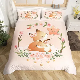 Homewish Bettbezug 140 x 200 cm für Kinder, Fuchs, Bettwäsche, Motiv: Waldtiere, Bettwäsche mit rosa Blumen für Mädchen, Jungen, Bettbezug Kawaii Wildtiere, 2-teilig, weich