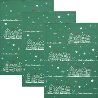 Erwin Müller Geschirrtuch "Häuschen" 3er-Pack Baumwolle salbei Größe 50x70 cm - strapazierfähig, saugstark, weihnachtliches Motiv