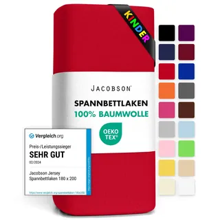 Jacobson Jersey Spannbettlaken Spannbetttuch Baumwolle Bettlaken (60x120-70x140 cm, Rot)