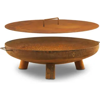 BBQ-Toro Feuerschale Ø 80 cm mit Deckel, Rostoptik, Outdoor Dreibein Feuerstelle für Garten