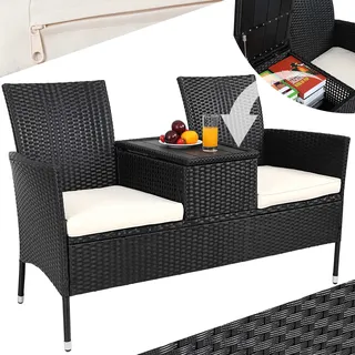 CASARIA® Gartenbank Sitzbank inkl. Auflagen Wetterfest Polyrattan 320kg Belastbar Tisch Ablage UV-beständig Garten Balkon Bank 2-Sitzer 143x64cm Schwarz - Schwarz
