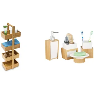 Relaxdays Bambus Badregal H x B x T: 75 x 25 x 18 cm & Badezimmer Set, 4-teiliges Badzubehör aus Keramik und Bambus, Seifenspender und Zahnputzbecher, Natur-weiß, 10 x 14 x 20 cm