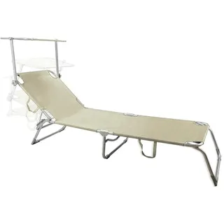 Faltbare Sonnenliege mit Sonnendach, verstellbare Sonnenliege, Gestell aus Aluminium und Bezug aus Textilene, ideal für Strand, Pool und Garten, 196 x 58 x 25 cm, Beige