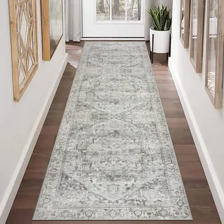 Homcomodar Teppichläufer Korridor 65x240 Vintage Läufer Küchenteppich Waschbar Teppich Korridor rutschfest Kurzboden Teppichläufer für Küche Eingang Schlafzimmer (Beige Grau, 65 x 240 cm (Rechteckig))
