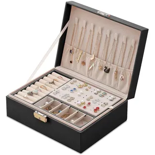 Mtianxy Schmuckkästchen, Damen Doppelschicht PU-Leder Aufbewahrungskoffer für Ringe Ohrringe Armbänder Halsketten Schmuck Veranstalter Geschenkbox für Mädchen Frauen(Schwarz)