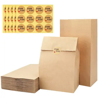 G2PLUS 50 Stück Braun Papiertüten Klein, Kraftpapier Geschenktüten, Papiersäckchen Klein 15.5x10x30CM, Tüten aus Kraftpapier mit Aufkleber, Braun Standbeutel für Geschenke, Adventskalender