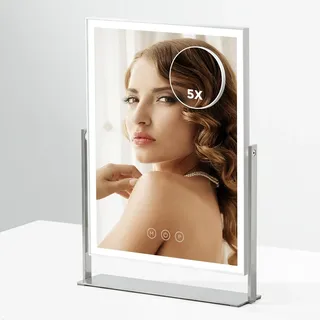 NEZZOE Wiederaufladbarer Schminkspiegel mit Beleuchtung, 3 Farbmodi, LED Makeup Spiegel mit 360° Drehung, Metallständer, 35cm rechteckiger Kosmetikspiegel mit Beleuchtung, Tischspiegel