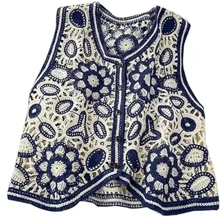 Myazs Damen Vintage Hollow Out Crochet Crop Top Weste Stickerei Blumen Ärmellos für Jacke Cardigan Button Down Boho Hippie Casual Weste Stickerei Blumen Ärmellose Jacke