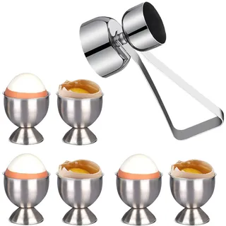 EQLEF Eierbecher Set, Edelstahl-Eierbecherhalter und doppelseitiger Eierdeckel-Öffner-Cracker Große Ostereier-Tasse für weich gekochtes Ei (6 Stück +1 Eieröffner)