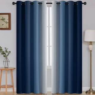 SimpleHome Ombré-Verdunkelungsvorhänge, Farbverlauf Blau zu Grau-Weiß, lichtblockierend, wärmeisolierend, Ösen, für Schlaf- und Wohnzimmer, 2 Bahnen, ca. 130 cm x 215 cm Länge