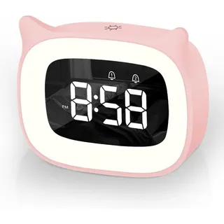 Aoreun Wecker Digital Kinder, Dual-Wecker mit licht Digital, Cute Katzen Kinderwecker Nachttischlampe Snooze Funktion 18 Musik 5 Helligkeitsmodus, zeitgesteuertes Nachtlicht wecker (Rosa)