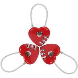 Drei rote Herzform-Code-Schlösser mit Drahtkabeln, 3-stellige Kombinations-Schlüssel, miniaturisiert für Reisetaschen, Koffer, Schließfächer, Rucksäcke, Schmuckdosen - Rot