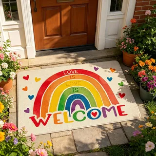 Gleemix Regenbogen Fußmatte Love is Love, Pride Monat Welcome Fussmatte, Türmatte rutschfest Waschbar, Pride Fussmatte Innen und Außen, LGBTQ Fußmatte, Küche Bodenmatte Teppich 40 x 60 cm