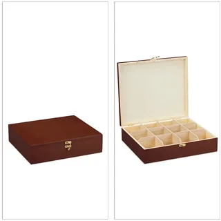 Relaxdays Teebox, 12 Fächer, Holz, Organizer für Teebeutel und Kaffeepads, Teekiste groß HBT: 7,5 x 29 x 26 cm, braun
