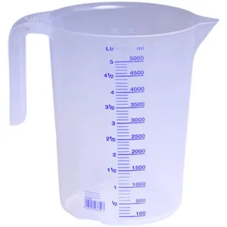 Hünersdorff Messbecher 5l | Polypropylen (PP) | bruchsicher und spülmaschinengeeignet | offener Griff | blaue Skala, Transparente