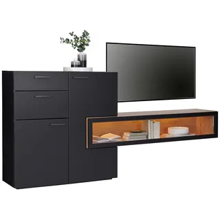 Mid.you Wohnwand , Schwarz, Eichefarben , Holzwerkstoff , 2 Schubladen , 240x180x38 cm , Made in Eu , Beimöbel erhältlich, Beleuchtung , Wohnzimmer, Wohnwände, Komplette Wohnwände