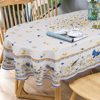 Ovale Tischdecke, Blaue Blumen-Tischdecke, französische ovale Tischdecke, Bedruckt, Blumenvogel, Stoff, für drinnen und draußen, wasserdicht, knitterfrei, langlebig, französische Tischdecke für ovale
