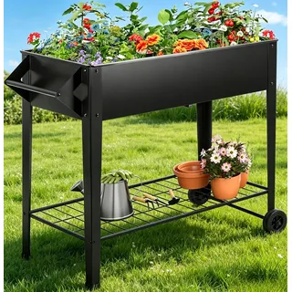 Hochbeet mit Feststellbaren Rollen, 87,5x37x81cm Metall Pflanzenbeet, Erhöhtes Kräuterbeet Gemüsebeet für Balkon Garten, mit Drainagelöchern, Schwarz