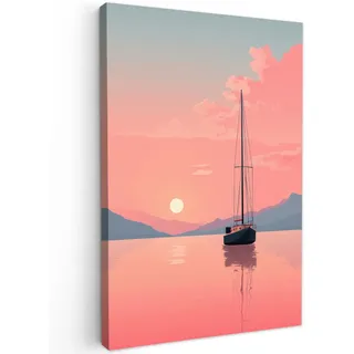 MuchoWow Leinwandbild Segelboot - Rosa Meer - Sonnenuntergang - Berge Wanddeko Schlafzimmer 60x90 cm , Textil , Kiefer , Abstrakt , Rechteckig , 60x90 cm , FSC 100% , gerahmt , Bilder & Rahmen, Bilder, Leinwandbilder