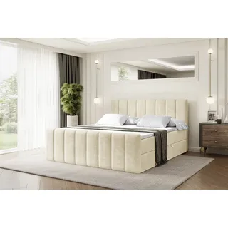 ALTDECOR Boxspringbett mit Fußteil, H3 Matratze und Topper - 180x200 cm - OTTA-Z - Beige Samt - Polsterbett mit Bettkasten und Lattenrost, Bett mit Stauraum - Beige