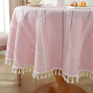 meioro Böhmische Runde Tischdecke für Küche Dekoration, 140cm Makramee Tischtuch mit Quasten, Kreis Leinen Tischwäsche, Gestreifte Tafeldecke Mesh Tischdecken für Esstisch Tabletop Dekor (Rosa)