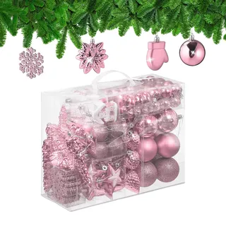 Relaxdays Weihnachtskugeln 100er Set, glitzernd, matt & glänzend, Baumschmuck, Kunststoff, Verschiedene Designs, rosa