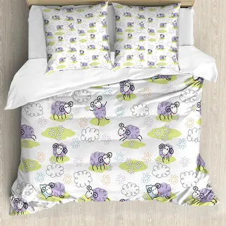 ABAKUHAUS Kindergarten Bettbezug Set, Niedliche Schafe mit Wolken aus Punkten Happy Children Friendly Print konstruiert, 155 x 220 cm + 80 x 80 cm, Lavendel - Violett