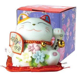 Jade Temple Maneki Neko Winkekatze Weiß mit Trommel, Spardose, japanische Glücksbringer Katze, asiatisches Deko-Objekt, Porzellan, 13cm Höhe, 15cm Durchmesser, mit Kissen, 1 Stück in Geschenkbox