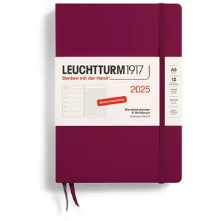 Leuchtturm1917 370486 Wochenkalender & Notizbuch 2025, Medium A5 Hardcover - 12-Monats-Planer, 80 g, liniert - Port Red